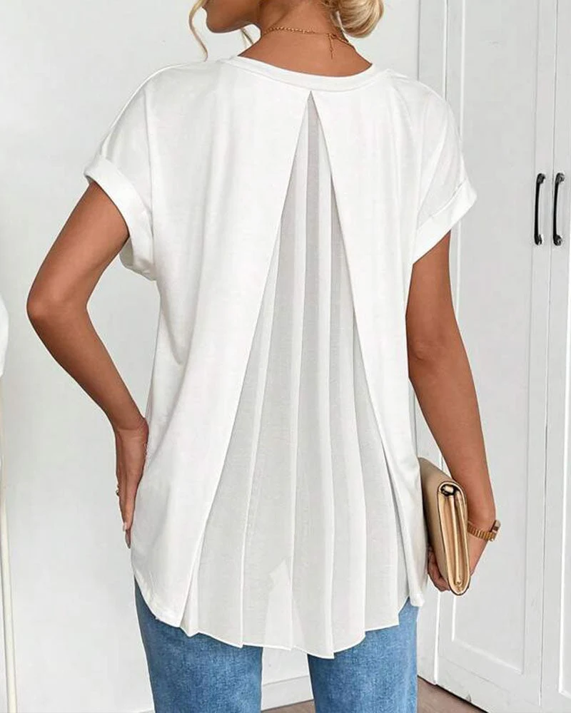 Short-Sleeved Solid Color Patchwork T-Shirt - Image 4