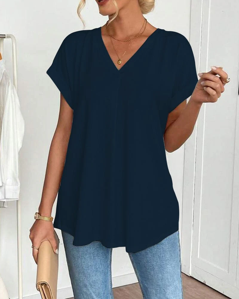 Short-Sleeved Solid Color Patchwork T-Shirt - Image 5