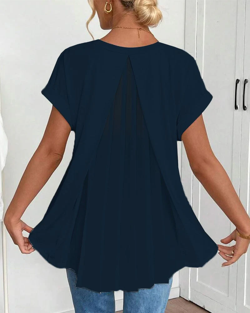 Short-Sleeved Solid Color Patchwork T-Shirt - Image 6