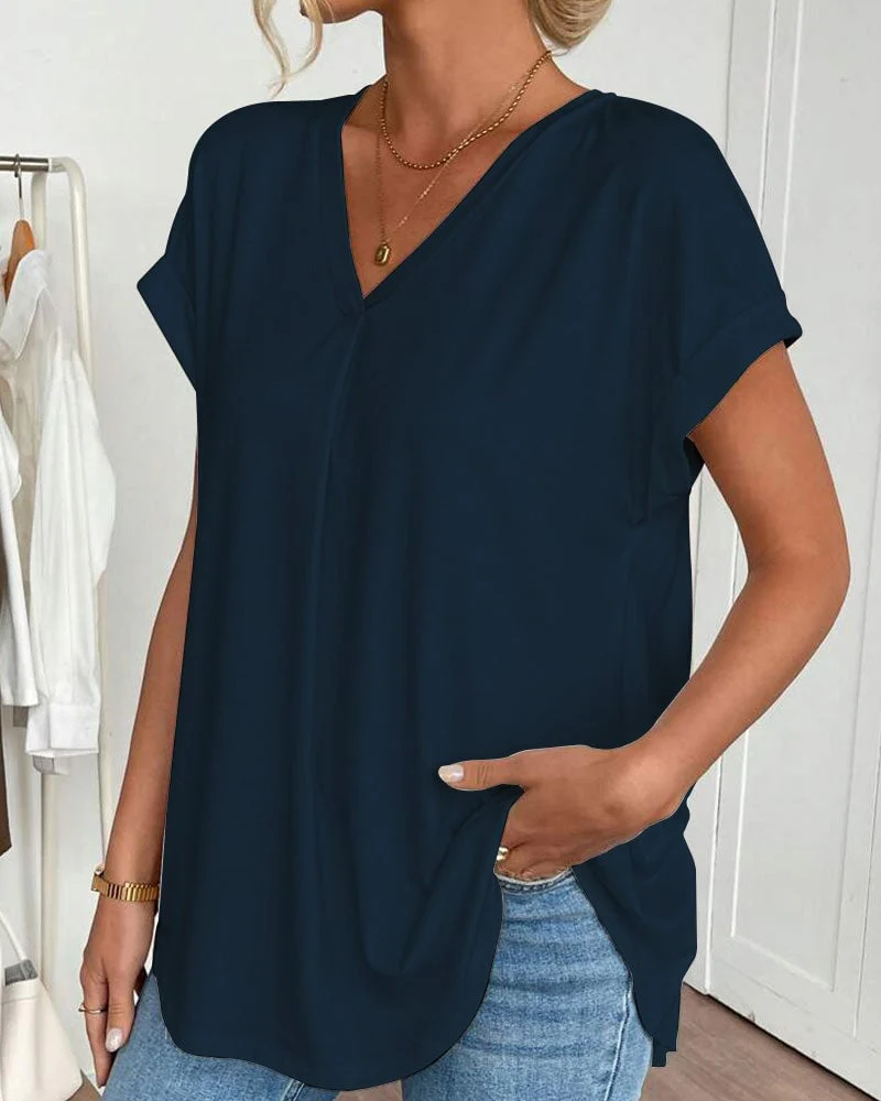 Short-Sleeved Solid Color Patchwork T-Shirt - Image 7
