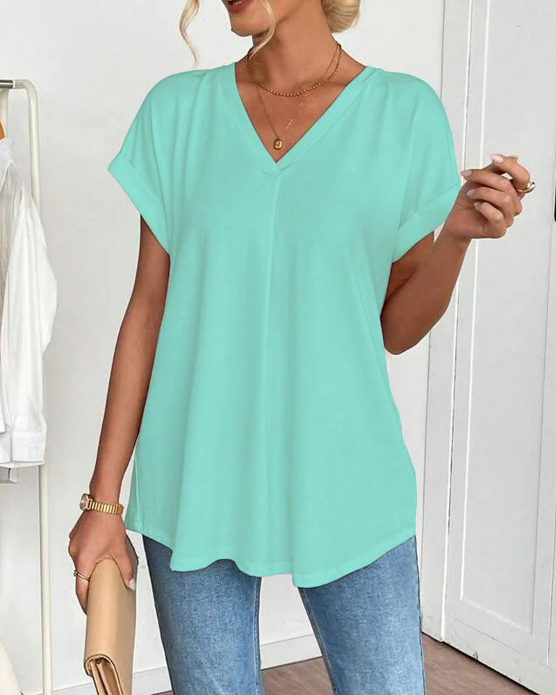 Short-Sleeved Solid Color Patchwork T-Shirt - Image 9