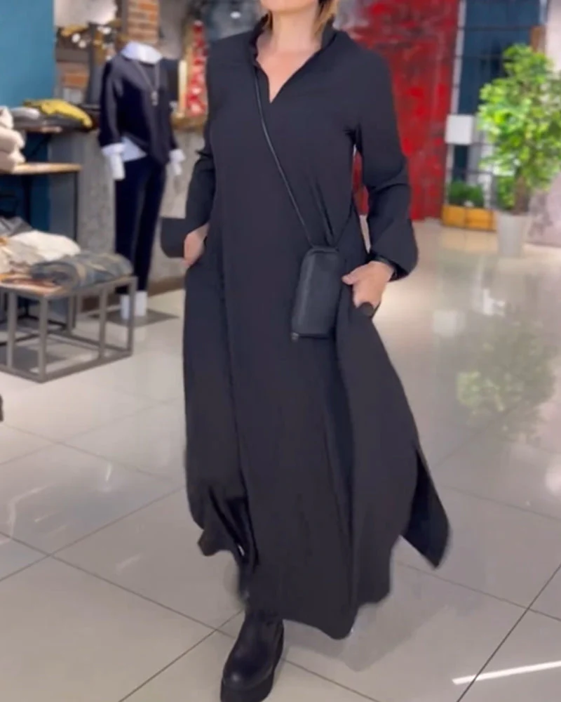 Side slit lapel loose long dress - Image 3