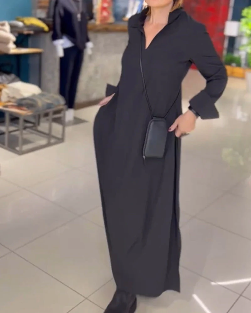 Side slit lapel loose long dress - Image 4