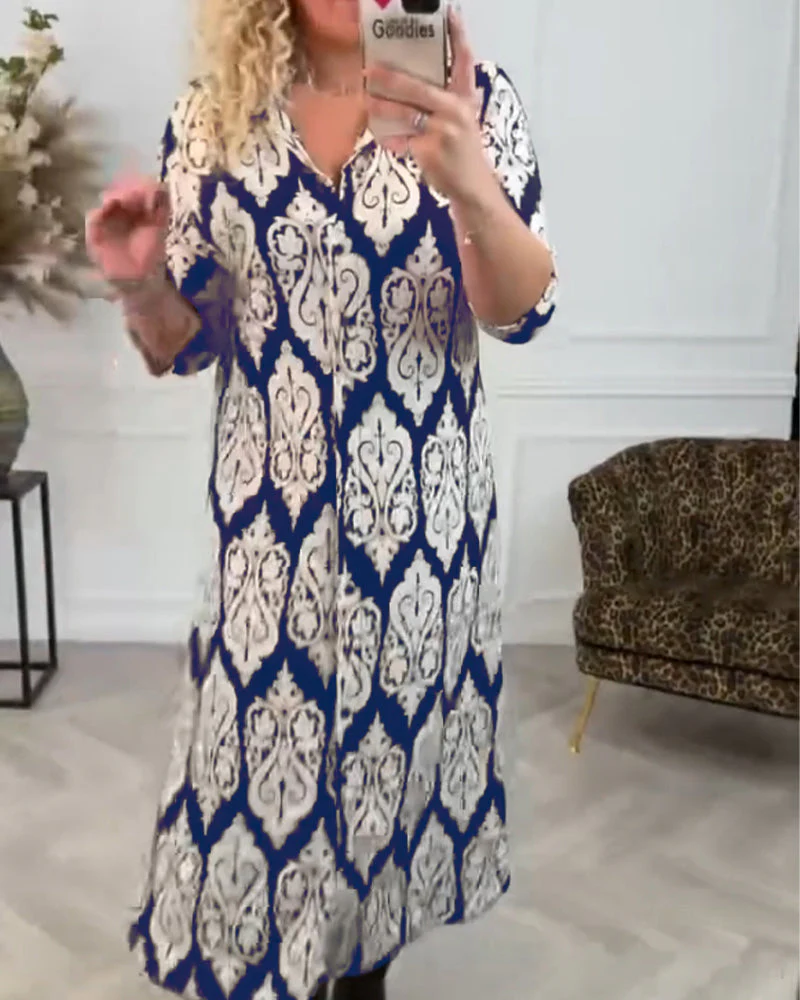 Side slit printed lapel dress - Image 15