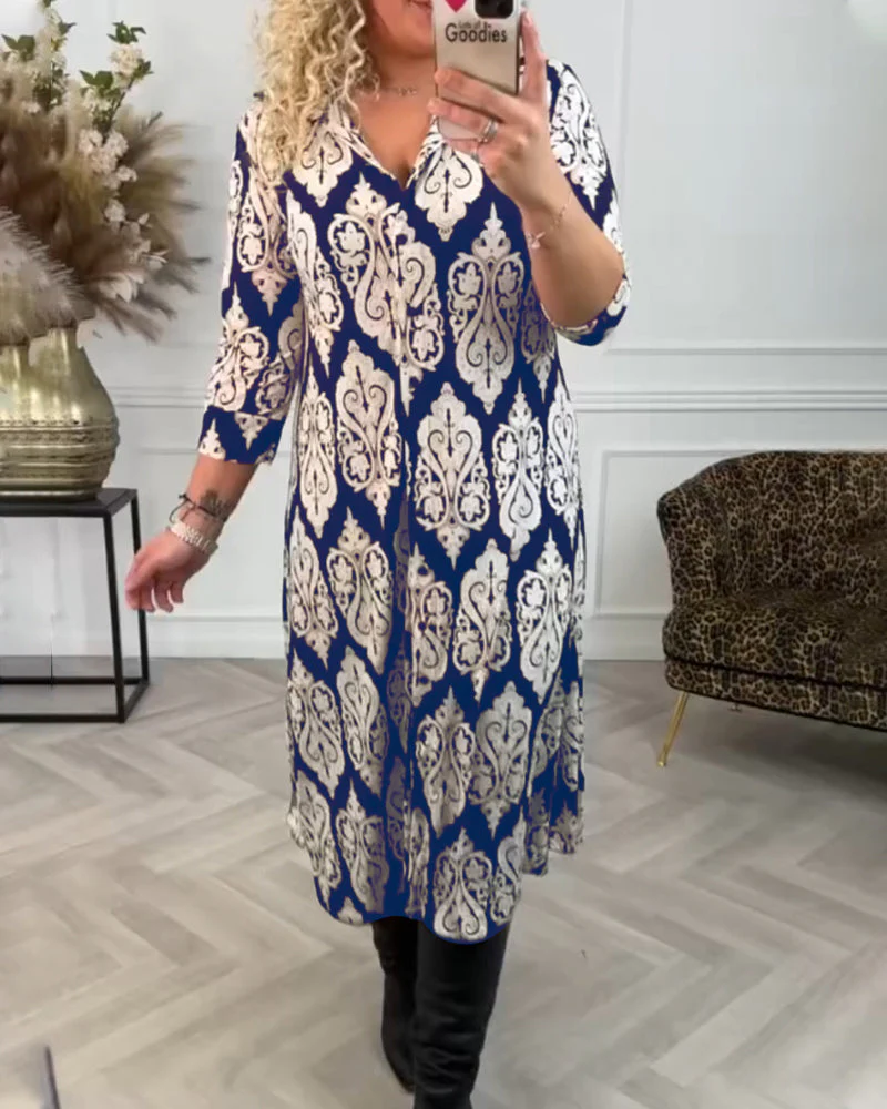 Side slit printed lapel dress - Image 26