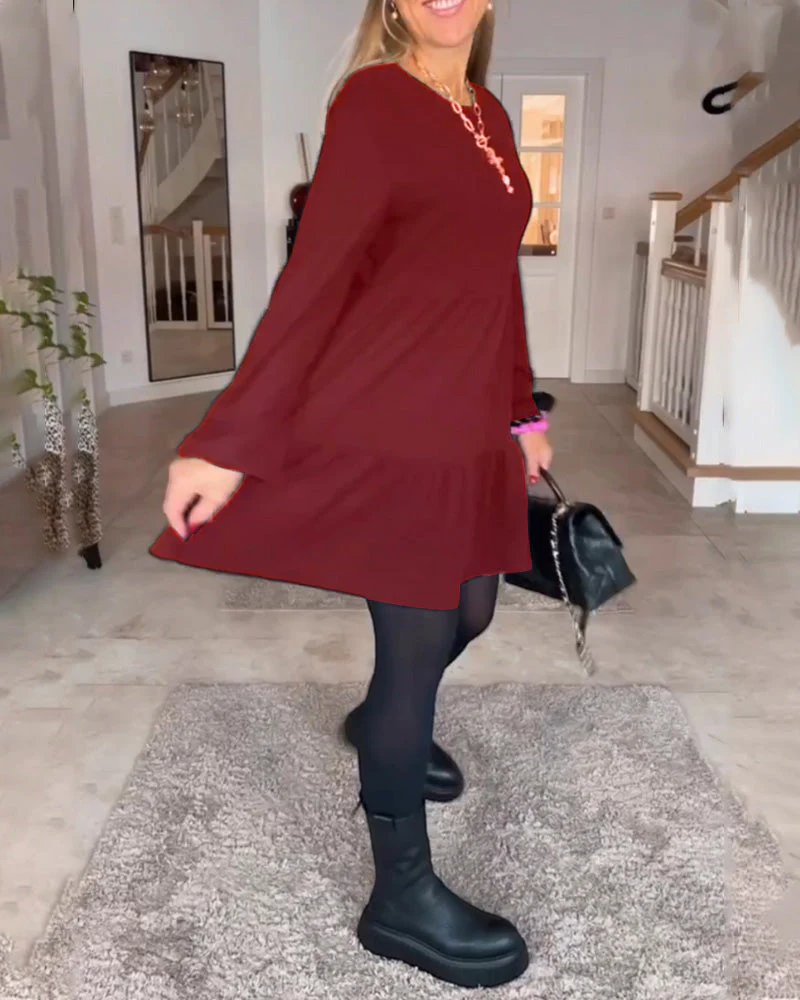 Simple solid color long sleeve dress - Image 3