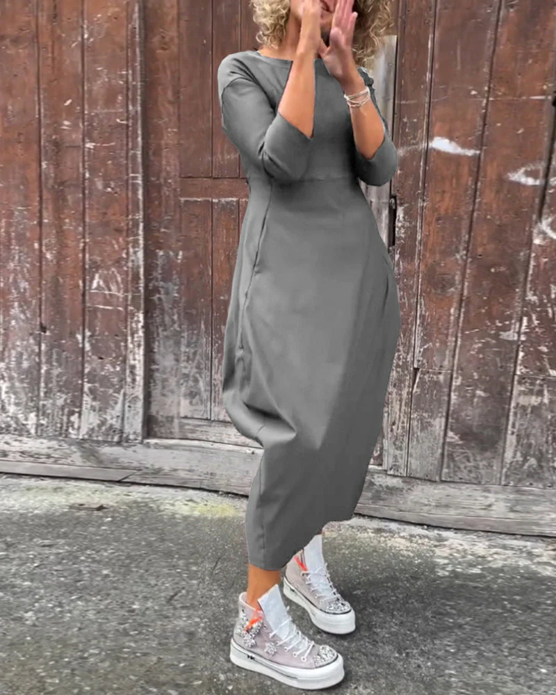 Simple solid color pocket long sleeve elegant dress - Image 12