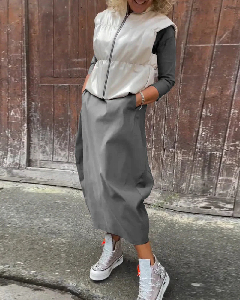 Simple solid color pocket long sleeve elegant dress - Image 13