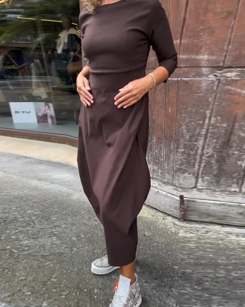Simple solid color pocket long sleeve elegant dress - Image 15