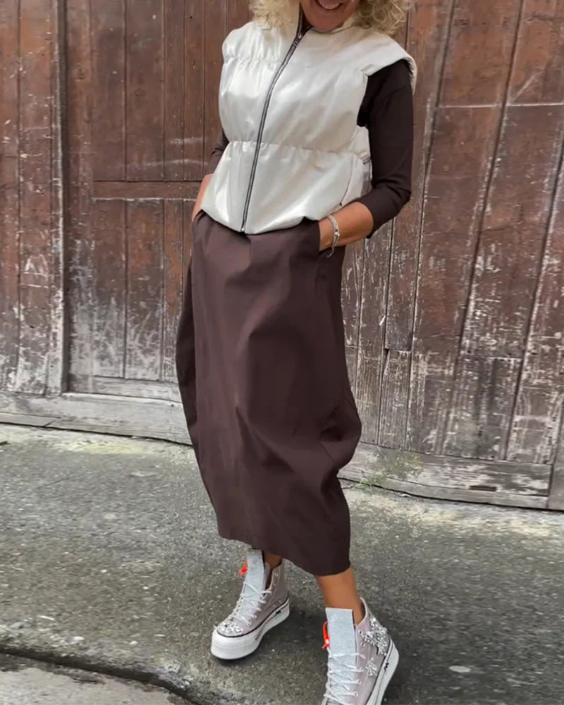 Simple solid color pocket long sleeve elegant dress - Image 18