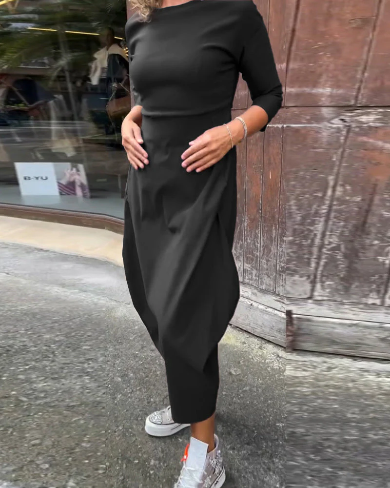 Simple solid color pocket long sleeve elegant dress - Image 22