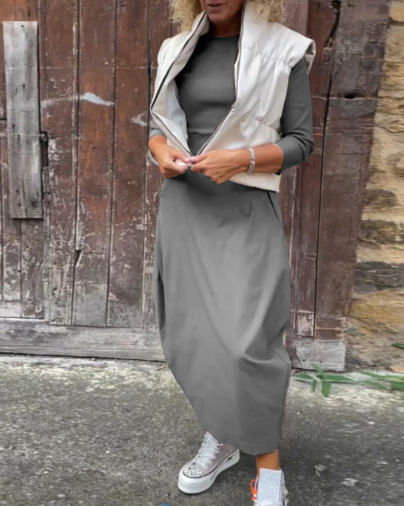 Simple solid color pocket long sleeve elegant dress - Image 24