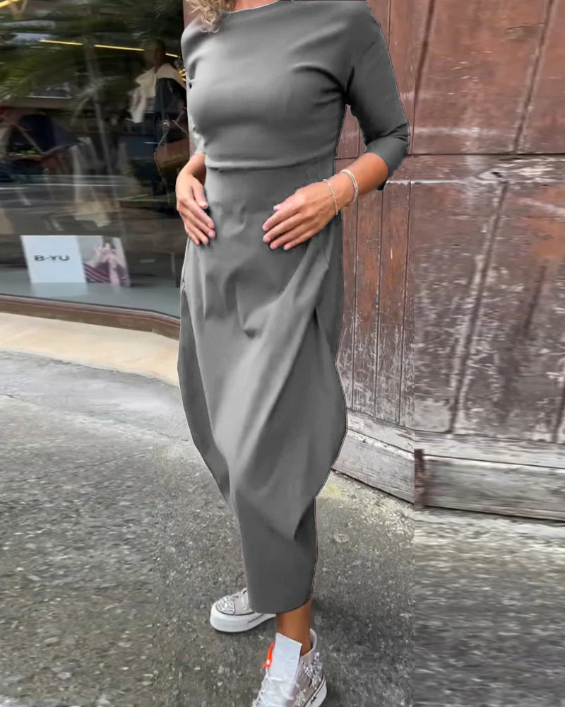 Simple solid color pocket long sleeve elegant dress - Image 27