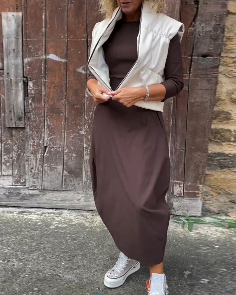 Simple solid color pocket long sleeve elegant dress - Image 3
