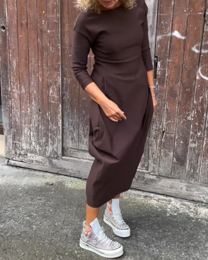 Simple solid color pocket long sleeve elegant dress - Image 31