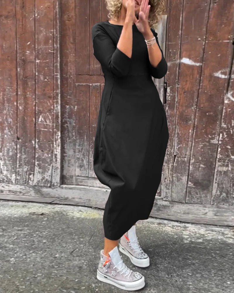 Simple solid color pocket long sleeve elegant dress - Image 32