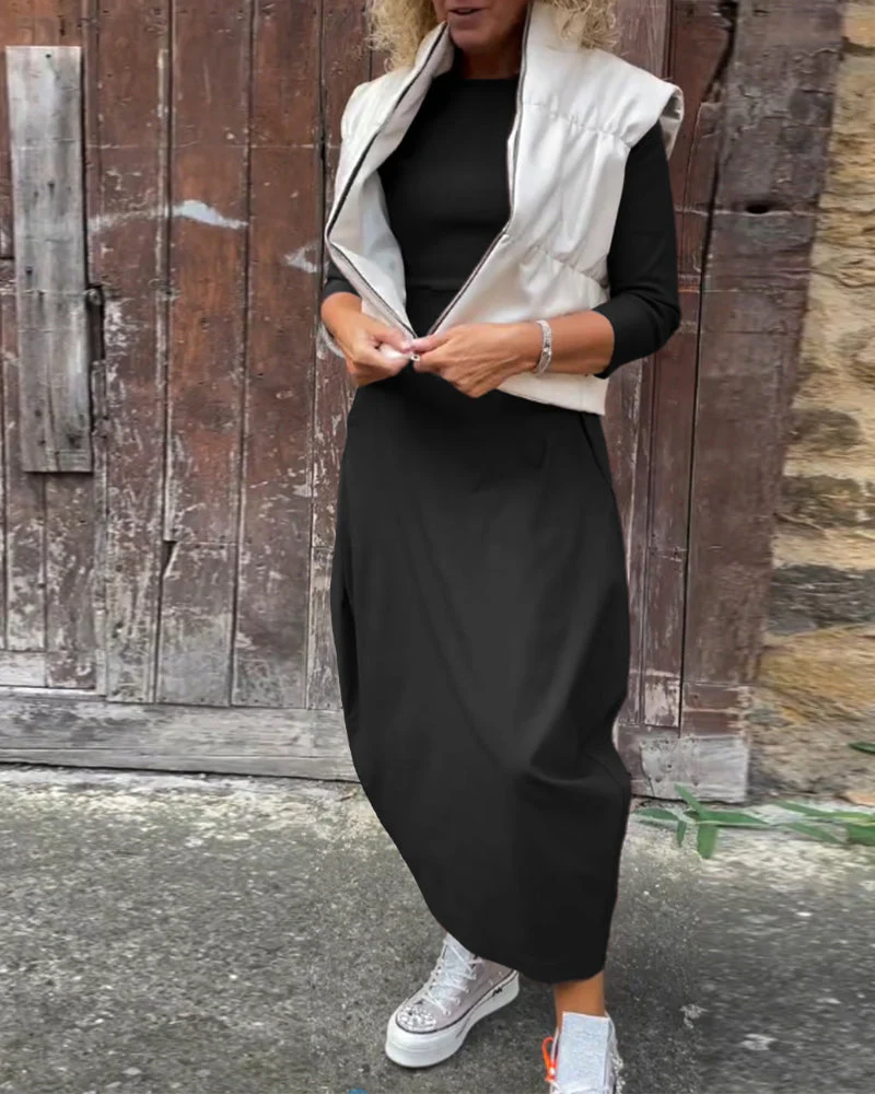 Simple solid color pocket long sleeve elegant dress - Image 35