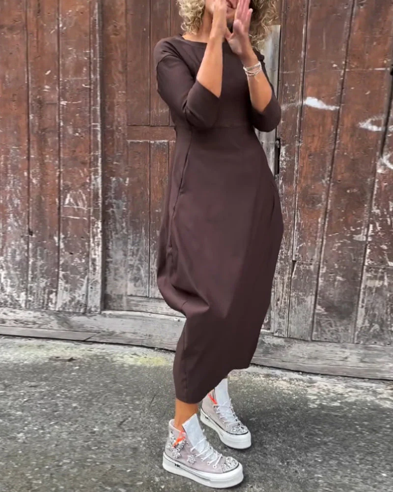 Simple solid color pocket long sleeve elegant dress - Image 4