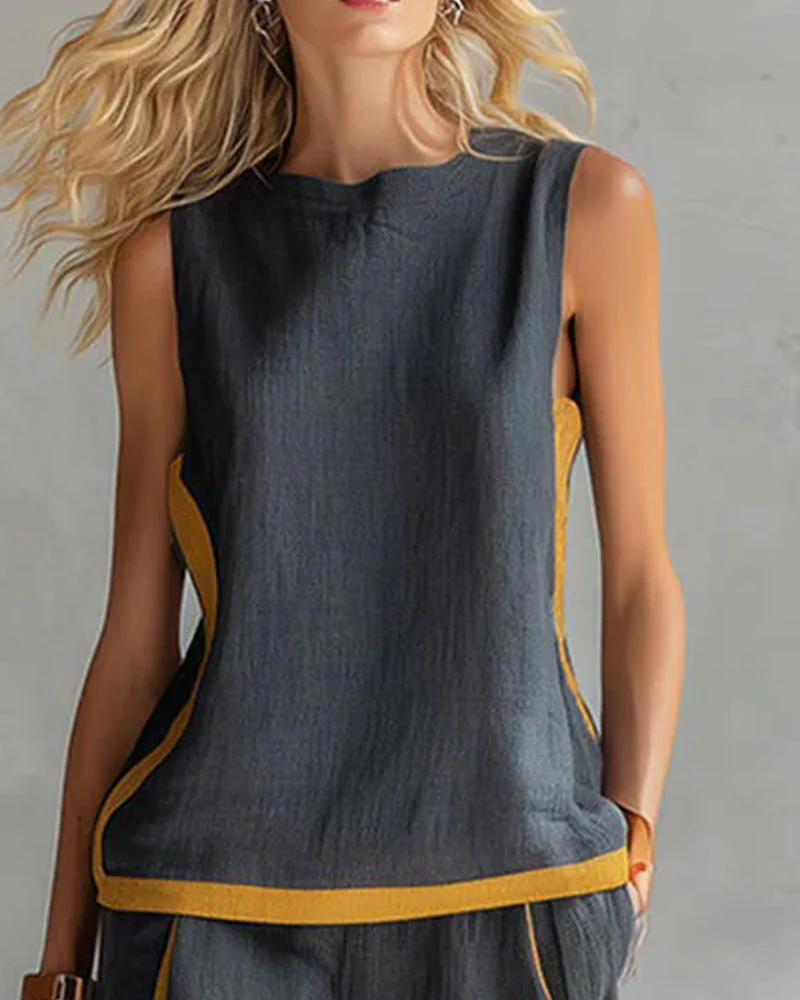 Sleeveless Casual Color-Blocked Two-Piece Set - Image 2