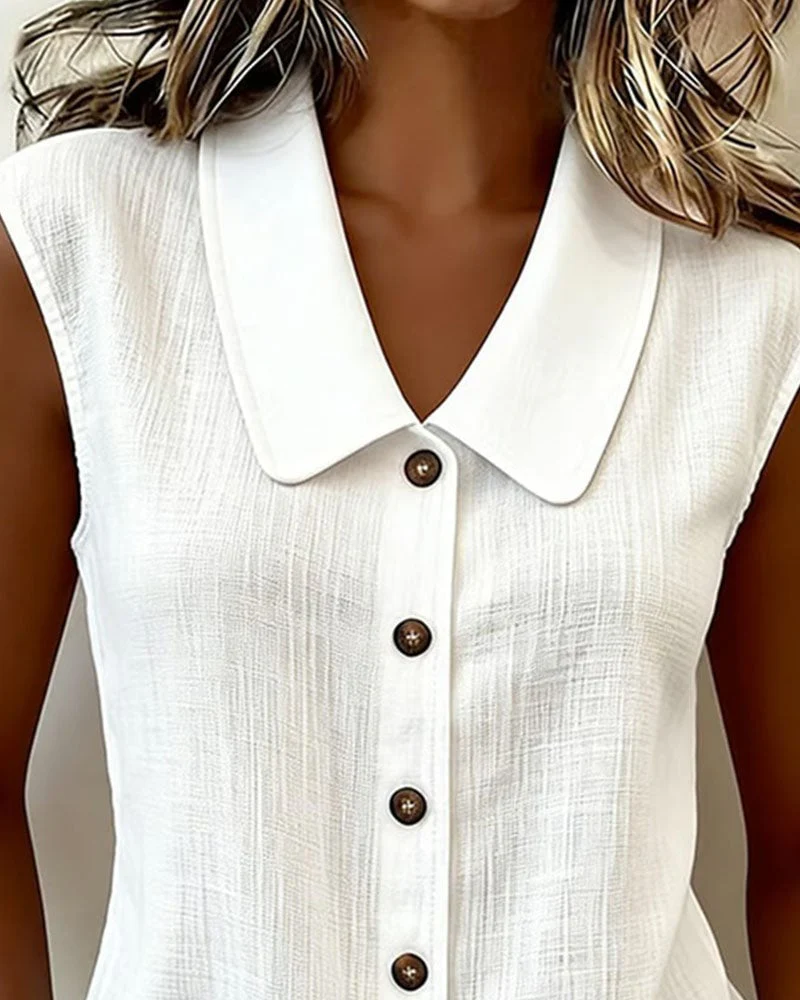 Sleeveless Lapel Linen-Cotton Shirt - Image 4