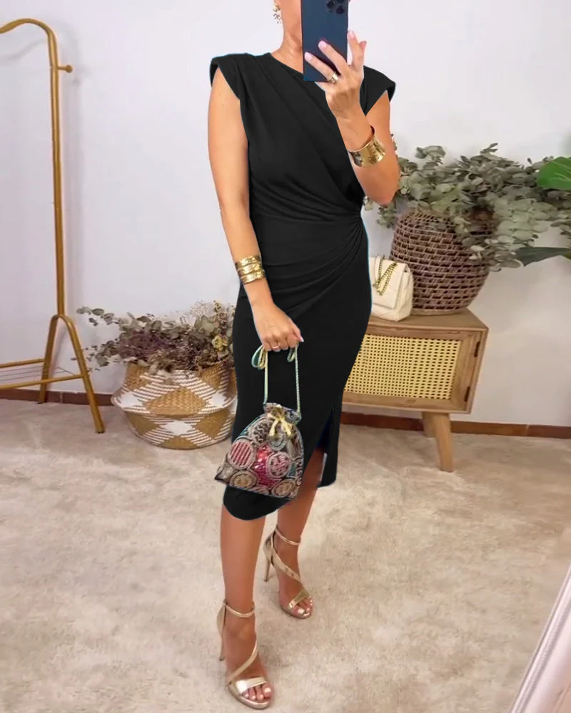 Sleeveless pleated slit solid color dress - Image 32