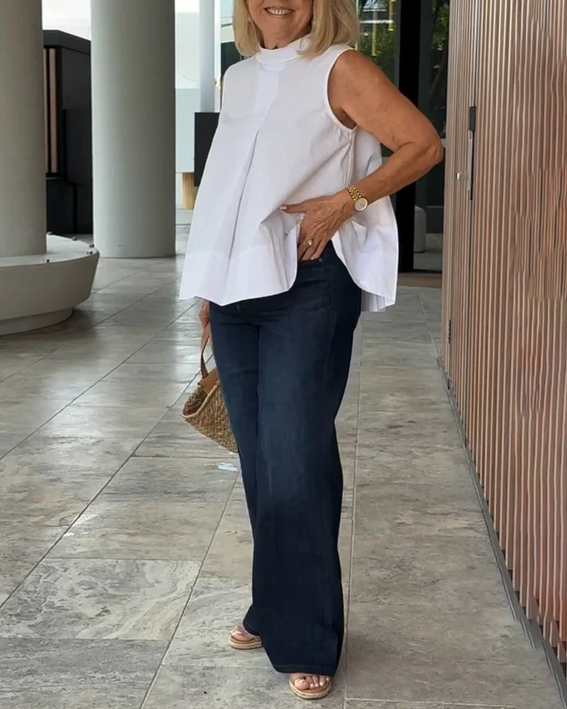 Sleeveless Solid Color Simple Blouse - Image 3