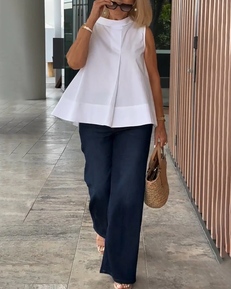 Sleeveless Solid Color Simple Blouse - Image 4