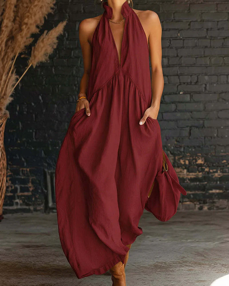 Sleeveless Stand-Collar Solid-Color Maxi Dress - Image 3