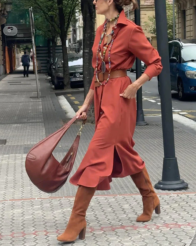 Slit Hem Belt Shirt Dress - Image 2