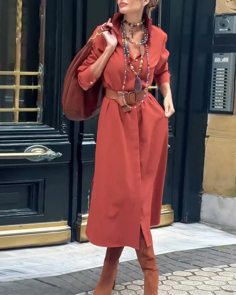 Slit Hem Belt Shirt Dress - Image 3