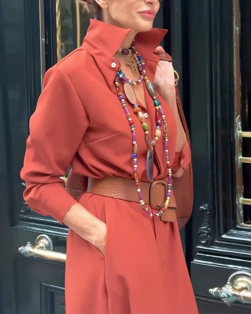 Slit Hem Belt Shirt Dress - Image 8