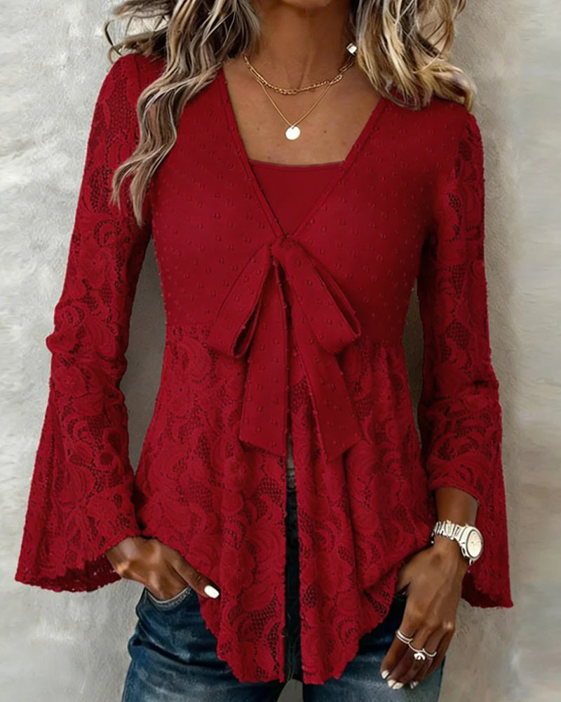 Solid Color Bell Sleeve V-Neck Blouse - Image 4