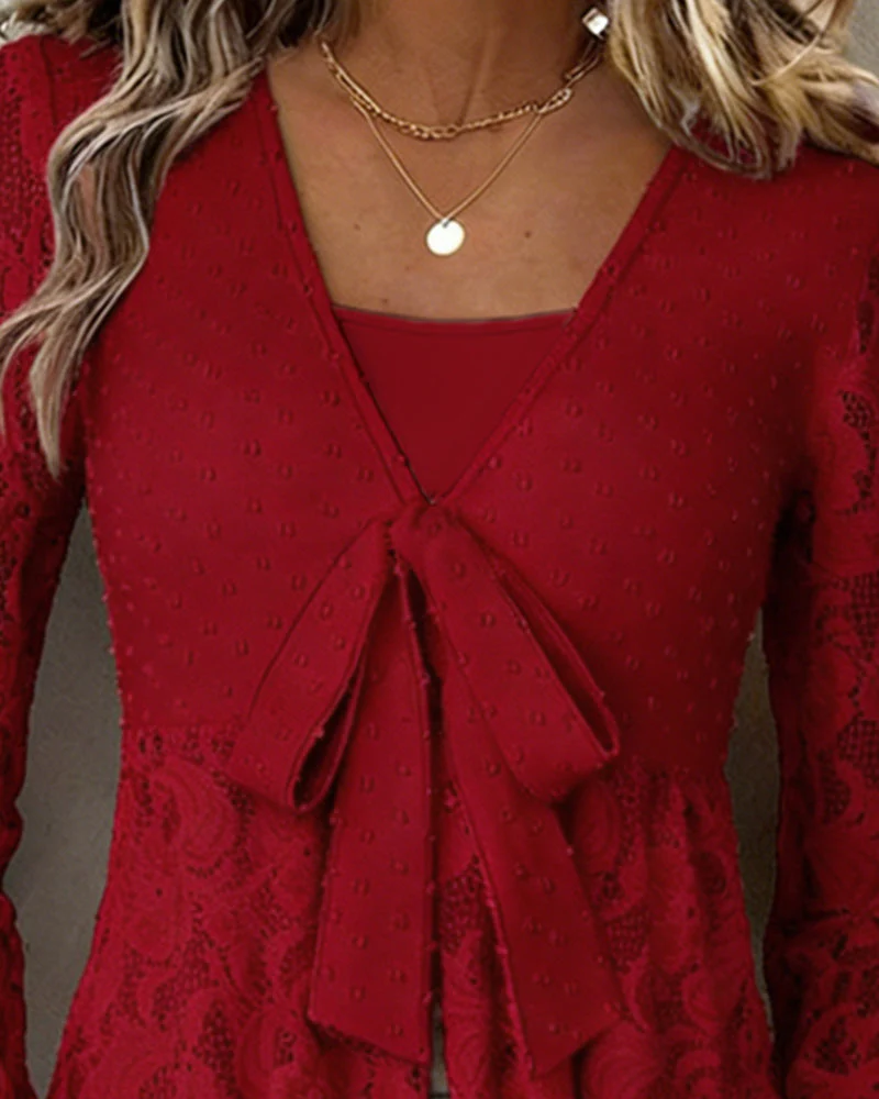 Solid Color Bell Sleeve V-Neck Blouse - Image 5