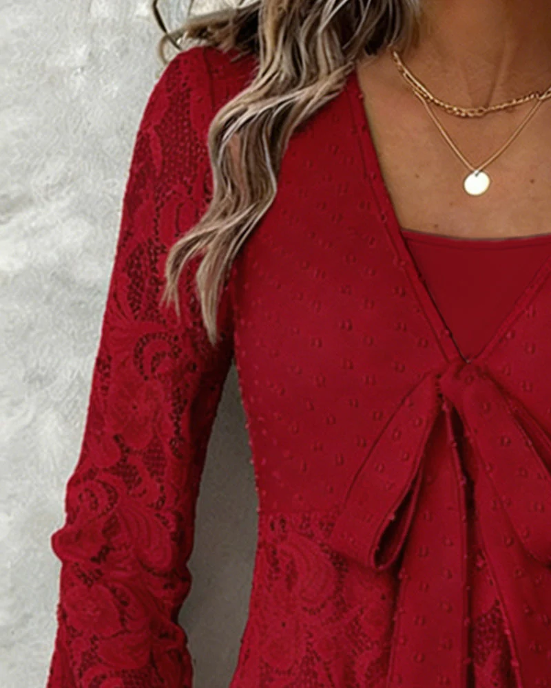 Solid Color Bell Sleeve V-Neck Blouse - Image 6