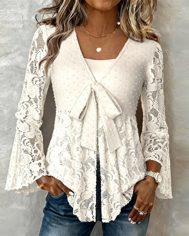 Solid Color Bell Sleeve V-Neck Blouse - Image 8
