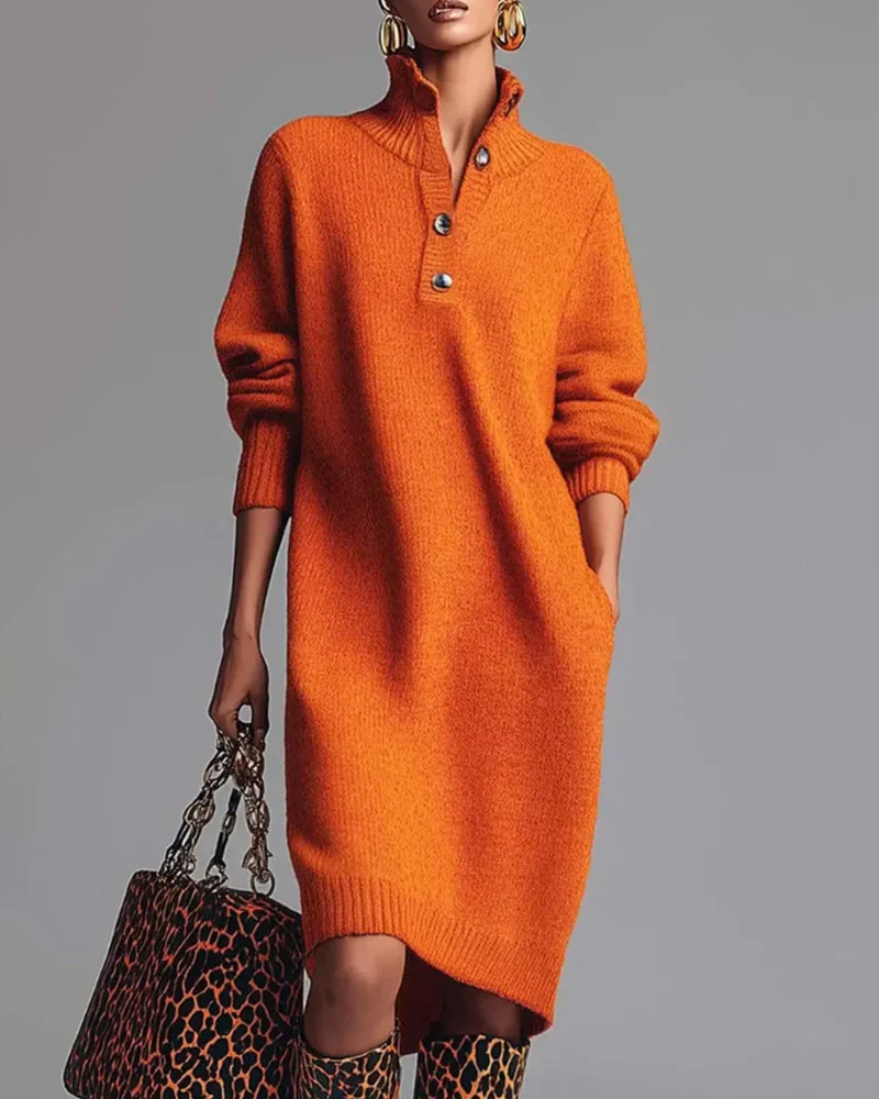 Solid Color Button High Neck Dress - Image 2