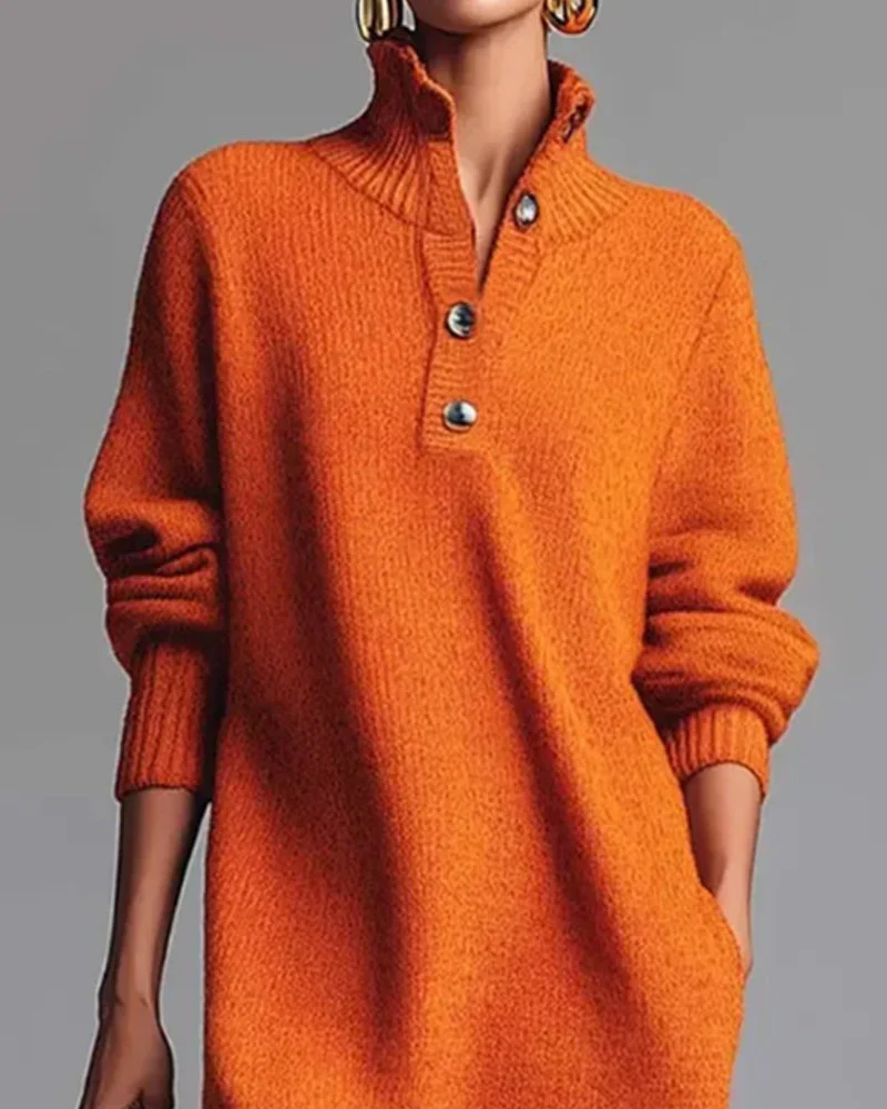 Solid Color Button High Neck Dress - Image 3