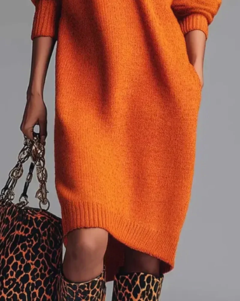 Solid Color Button High Neck Dress - Image 6