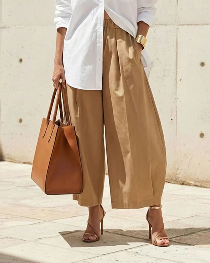 Solid-Color Elastic-Waist Tulip-Hem Cropped Pants - Image 4
