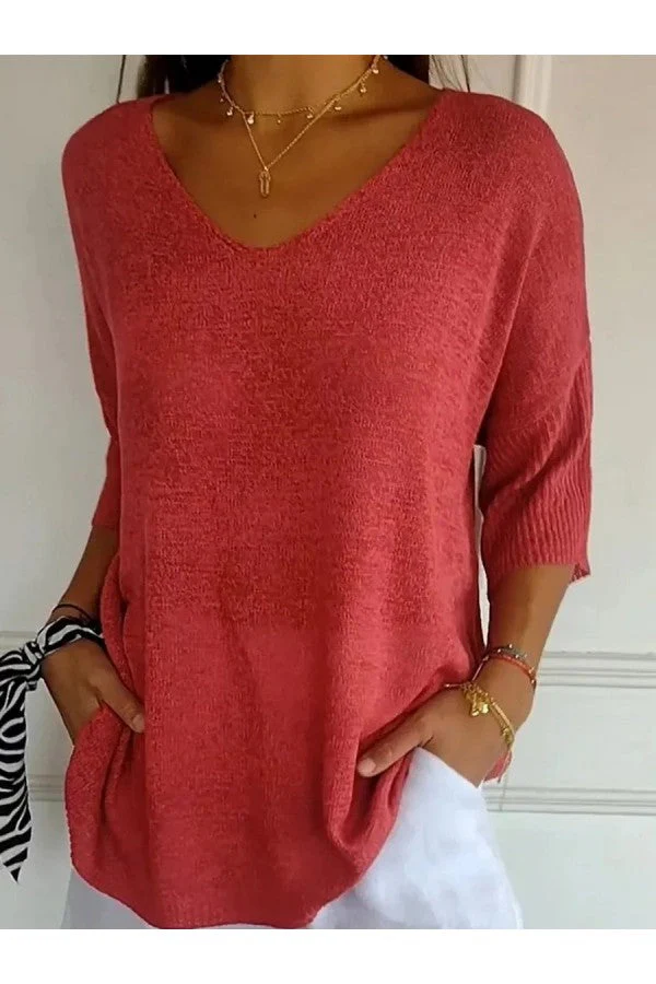 Solid Color Knitted V-Neck Blouse - Image 9