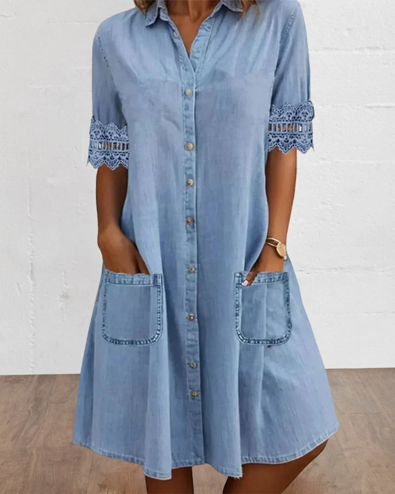 Solid color lace patchwork lapel button pocket dress - Image 10