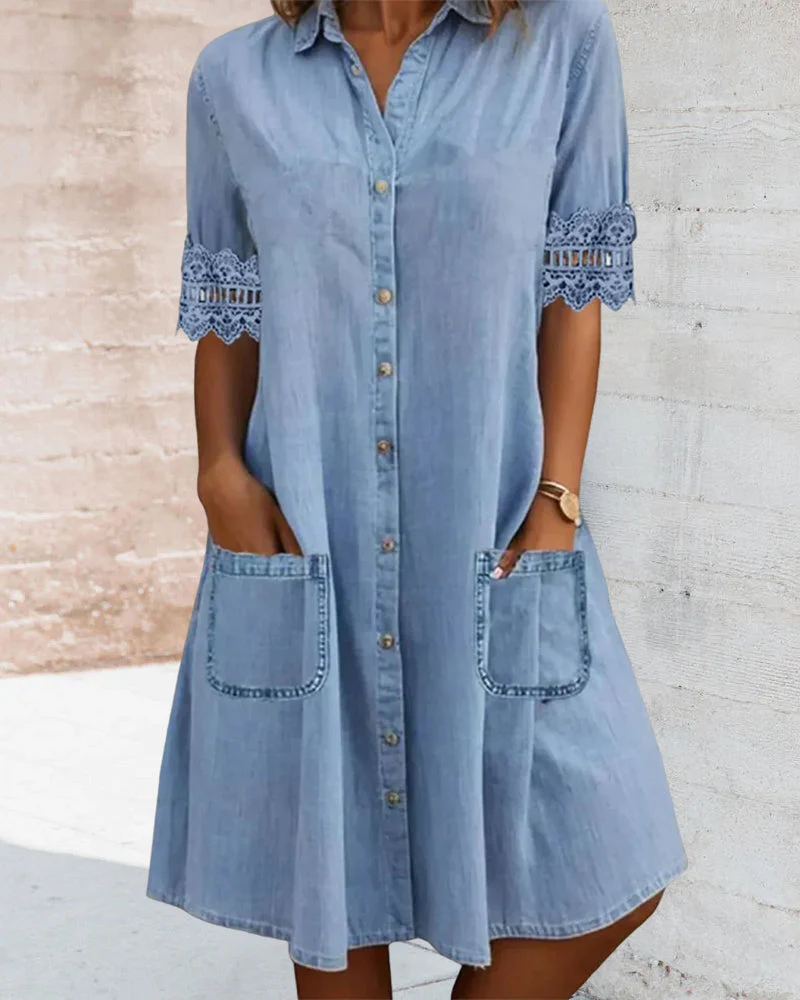 Solid color lace patchwork lapel button pocket dress - Image 4