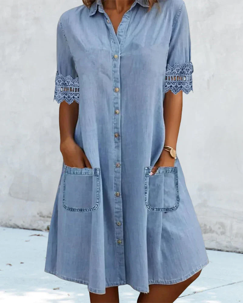 Solid color lace patchwork lapel button pocket dress - Image 5