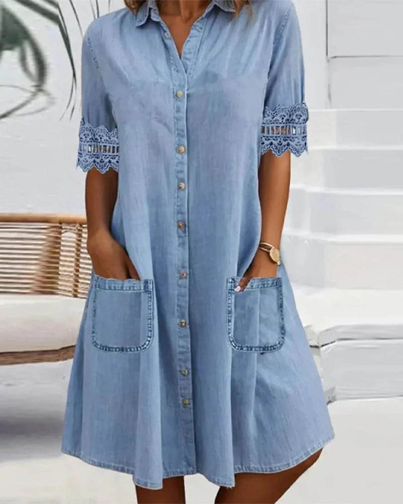 Solid color lace patchwork lapel button pocket dress - Image 6