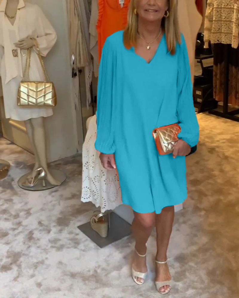 Solid color lantern sleeve V-neck dress - Image 11
