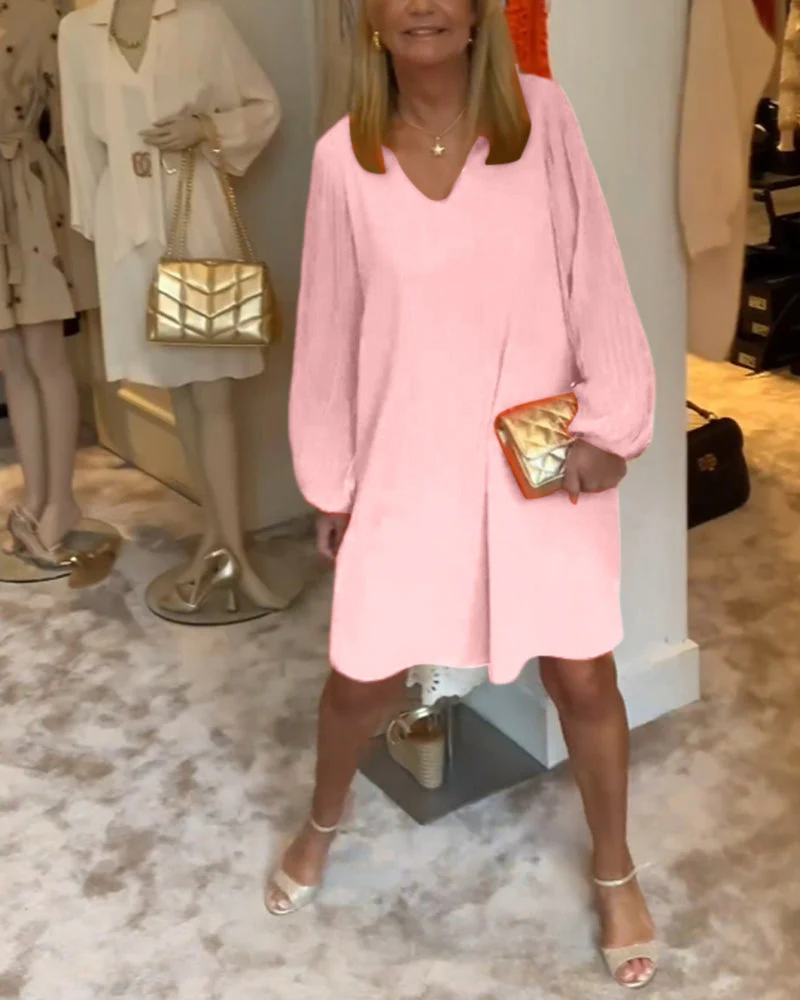 Solid color lantern sleeve V-neck dress - Image 16
