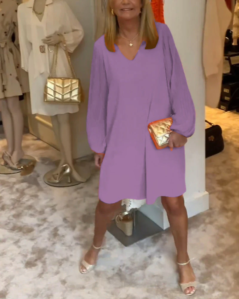 Solid color lantern sleeve V-neck dress - Image 21