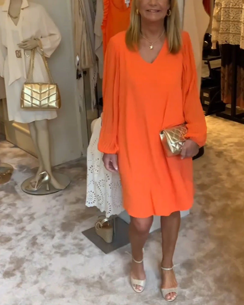 Solid color lantern sleeve V-neck dress - Image 27