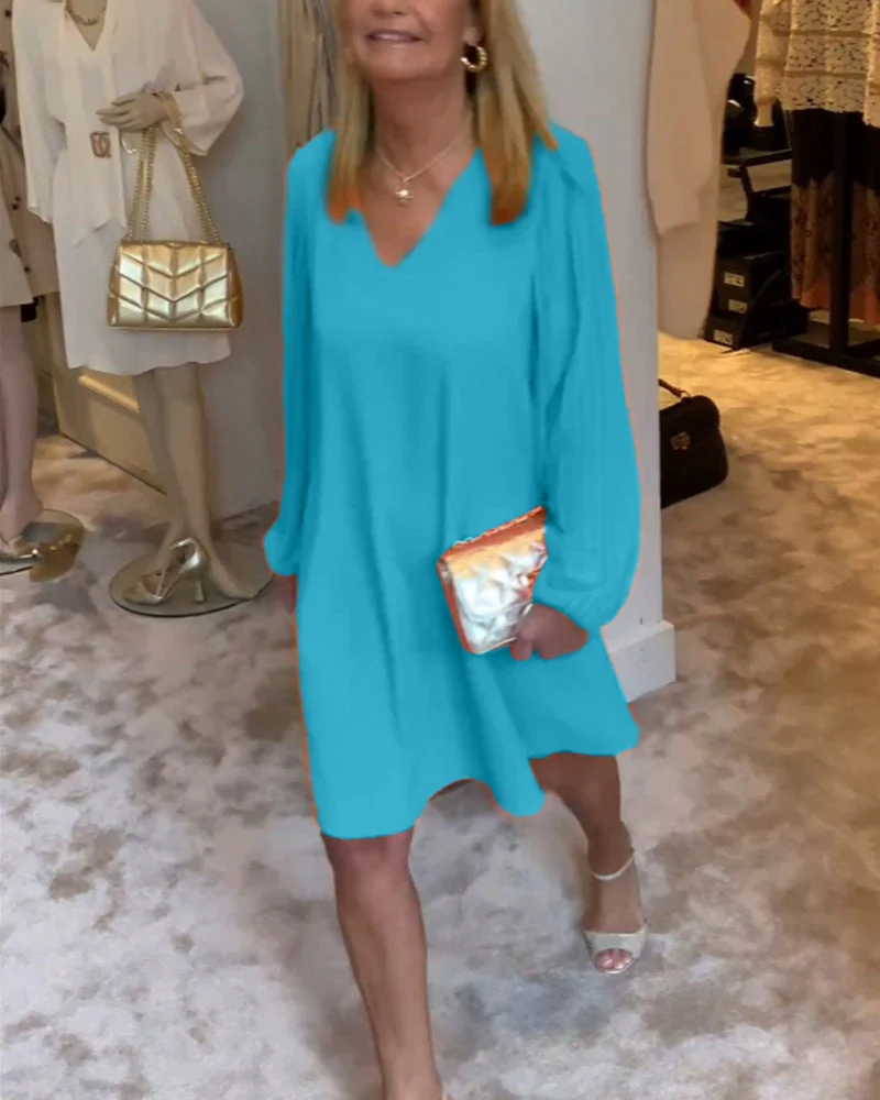 Solid color lantern sleeve V-neck dress - Image 55