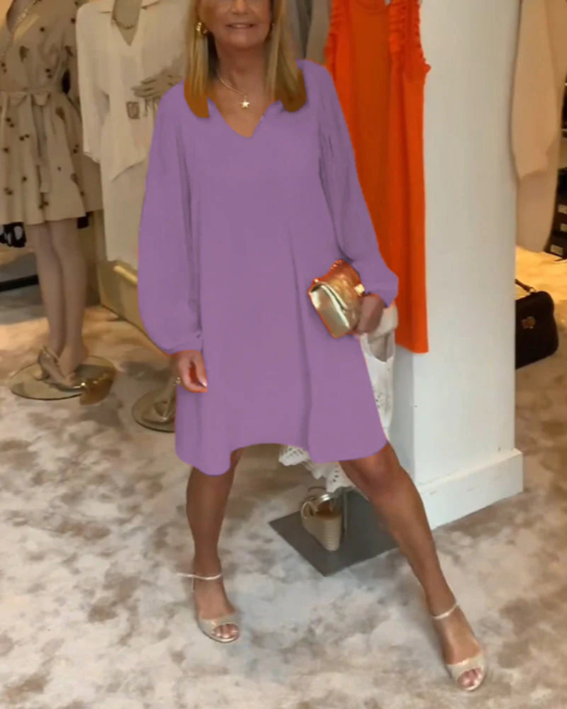 Solid color lantern sleeve V-neck dress - Image 63